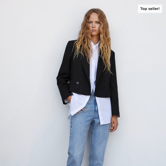 Mango Short Double-Breasted Blazer In Black Size L NWOT - Picture 6 of 14